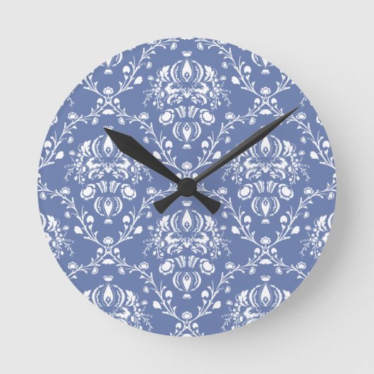 Horloge Ronde Périwinkle bleu et blanc Damas (Recto)