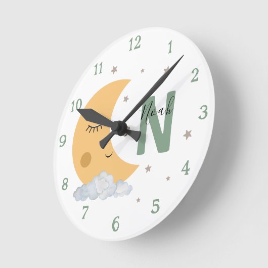 Horloge Ronde Personalized Sage Green Moon Nursery Clock Custom (Angle)
