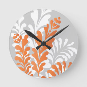 Horloge Ronde Personnalisable d'orange, blanc et gris floral