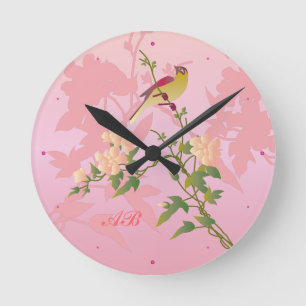 Horloge Ronde Personnalisable : Oiseau sur la fleur chinoise