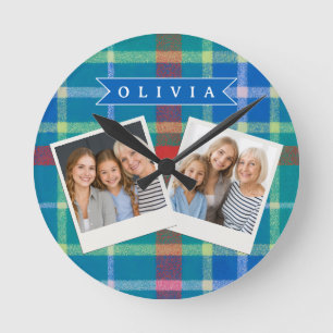Horloge Ronde Personnalisé Classique Bleu À Carreaux Prépa Sur M