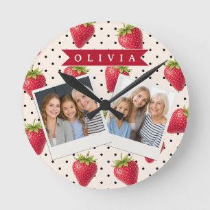 Horloge Ronde Personnalisé Rétro Fraise à pois Vintage