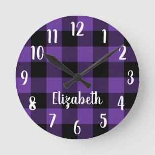 Horloge Ronde Personnalisé Violet et Noir Buffalo à carreaux
