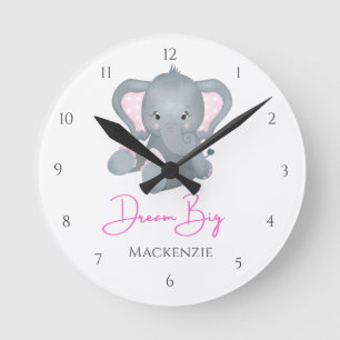 Horloge Ronde Personnalisez Rêvez Grand Éléphant Rose Gris Bébé