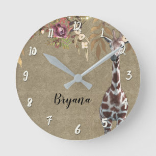 Horloge Ronde Personnalité de Floral Giraffe Rustic Brown Chic