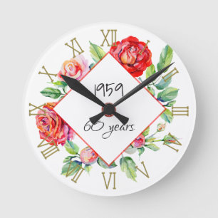 Horloge Ronde Personnalité des Roses d'aquarelle de la 60e année