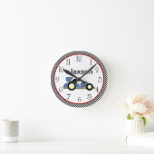 Horloge Ronde Personnalized Checkerboard Race Car #2 Clock (Maison)