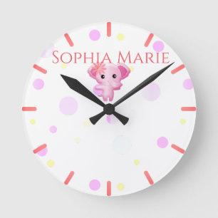 Horloge Ronde Petite fille rose adorable Eléphant