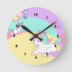 Horloge Ronde Petites licornes dans des couleurs en pastel