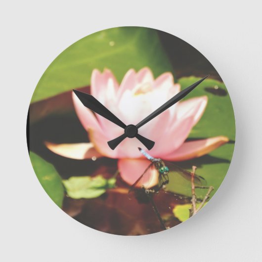Horloge Ronde Photo Blue Dragonfly rose fleurs Lac Arrowhead (Recto)