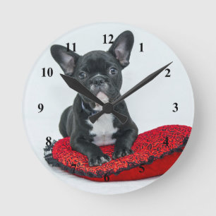 Horloge Ronde Photo Coussin noir Bulldog en français