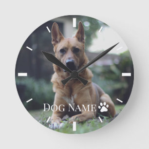 Horloge Ronde Photo de chien ou chiot personnalisé Nom Patte Vin
