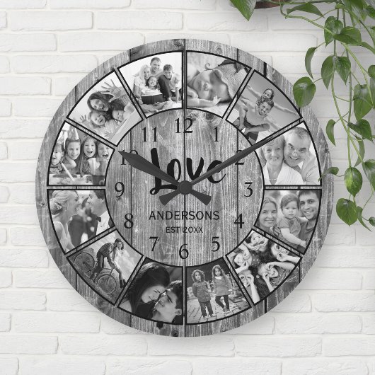 Horloge Ronde Photo de Custom Collage Rustic Farmhouse Love Fami