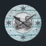 Horloge Ronde Photo Distressed Blue Beach Wood Starfish<br><div class="desc">Distressed beach wood in blue with midnight blue starfish representing the clock number with your favorite photo. Makes a great house warming gift or decor for your beach house. If you have any questions about the "DESIGN ONLY" ou need help please message me or visit my store link: https://www.zazzle.com/store/jmr_designs (copy...</div>