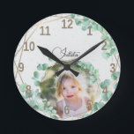 Horloge Ronde Photo personnalisée   Texte | Élégante verdure géo<br><div class="desc">Custom Photo et Calligraphy Text Elegant Geometric Greenery frame Round Clock</div>