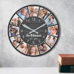 Horloge Ronde Photo personnelle de Collage Black Wood Family<br><div class="desc">Easily create your own personalized black wooden planks elegant style wall clock with your custom,  family name and established year. Pour les meilleurs résultats,  crop the images to square - with the focus point in the center - before uploading.</div>