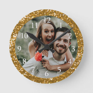 Horloge Ronde Photo sur Parties scintillant Gold personnalisée