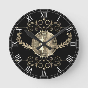 Horloge Ronde Pièce de monnaie d'or Bitcoin Design Noir