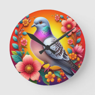 Horloge Ronde Pigeon coloré entouré de fleurs vibrantes
