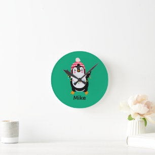 Horloge Ronde Pingouin scintillant avec lumières de Noël