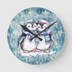 Horloge Ronde Pingouins D'Aquarelle Bleu D'Hiver Avec Écharpes
