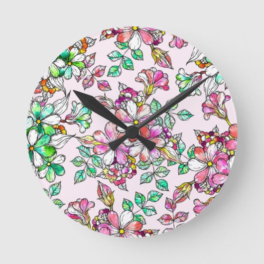 Horloge Ronde Pink and green flowers (Recto)