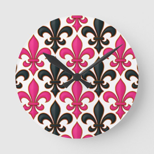 Horloge Ronde Pink Black Baroque Fleur-de-lis Pattern Design  (Recto)