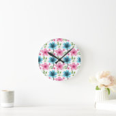 Horloge Ronde Pink & Blue Floral Seamless Pattern (Maison)