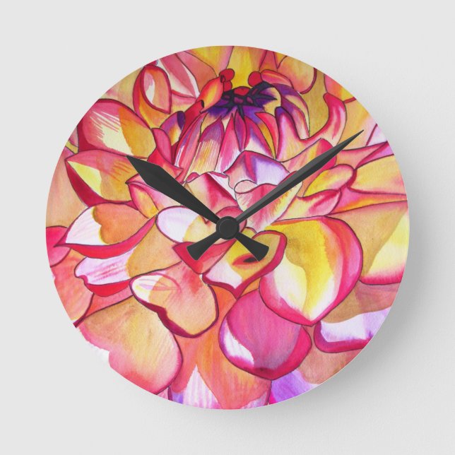Horloge Ronde Pink Dahlia fleurs aquarelle art (Front)