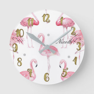 Horloge Ronde Pink Flamingos Grey Polka Dots