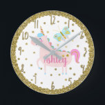 Horloge Ronde Pink & Gold Glitter Unicorn Girls Menace Nursery<br><div class="desc">custock</div>