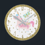 Horloge Ronde Pink & Gold Glitter Unicorn Girls Menace Nursery<br><div class="desc">custock</div>
