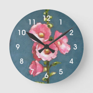 Horloge Ronde Pink Hollyhocks: Oil Pastel Art, Flowers
