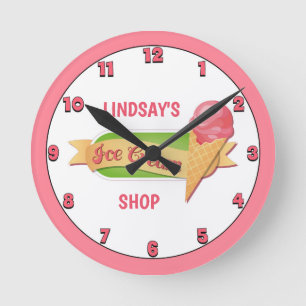 Horloge Ronde Pink Ice Cream Shop Personnalisé