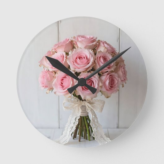Horloge Ronde Pink Rose Bouquet Pearl Lace Romantic (Recto)