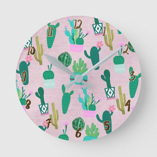 Horloge Ronde Pink Rustique Sud-Ouest Cactus Plantes (Recto)