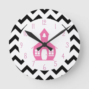 Horloge Ronde Pink Schoolhouse + Black Chevron Teacher