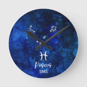 Horloge Ronde Pisces Zodiac Constellation Blue Galaxy Monogram