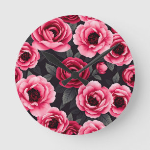 Horloge Ronde Pivoine Florale Vintage Rose Dramatique