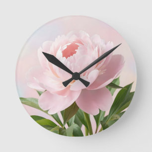 Horloge Ronde Pivoine Rose Pâle Élégante Illustration Florale Ré