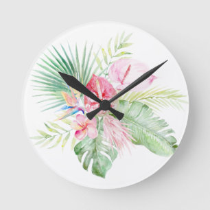 Horloge Ronde PixDezines Paradis Tropical Fleur pastel Feuillage