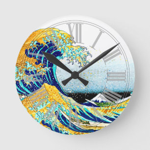 Horloge Ronde PixDezines Vintage Great Wave Hokusai 斎 の 葛’飾