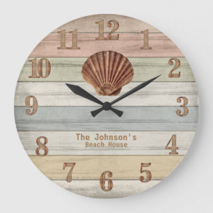 Horloge Ronde Plage Bois Bandes Nautiques & Coquillages Grande H