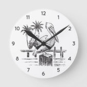 Horloge Ronde Plage D'Été Branchée Palm Tree Pelican Sur Un Post (Recto)