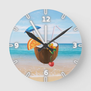 Horloge Ronde Plage tropicale, Ciel Bleu, Sable Océan, Cocktail 