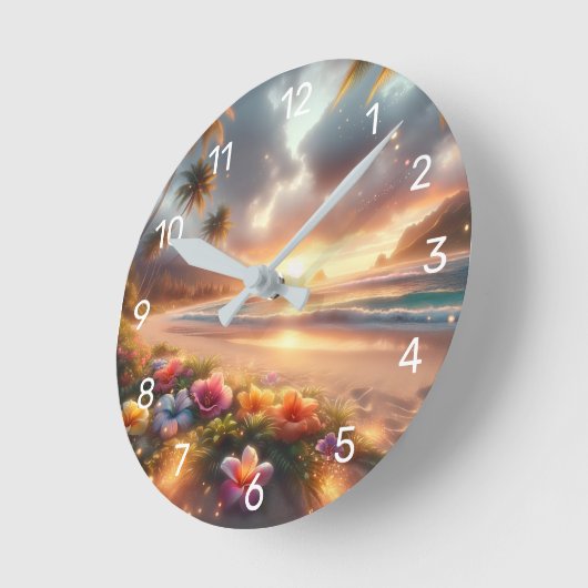 Horloge Ronde Plage tropicale enchantée avec Hibiscus magique (Angle)