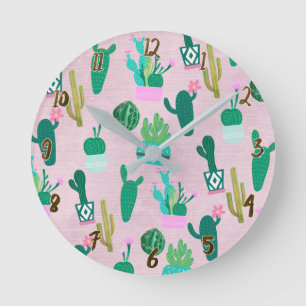 Horloge Ronde Plantes de cactus cactées rustiques sud-ouest rose