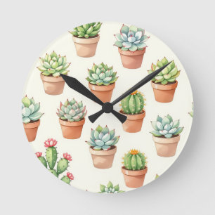 Horloge Ronde Plantes grasses motif sans couture Pots en terre c