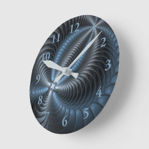 Horloge Ronde Plastique bleu gris 3D Fractal Art moderne Abstrai