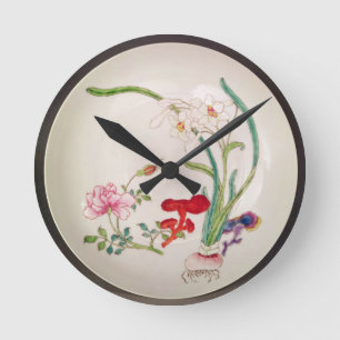 Horloge Ronde Plat de porcelaine, décoration rose de famille,